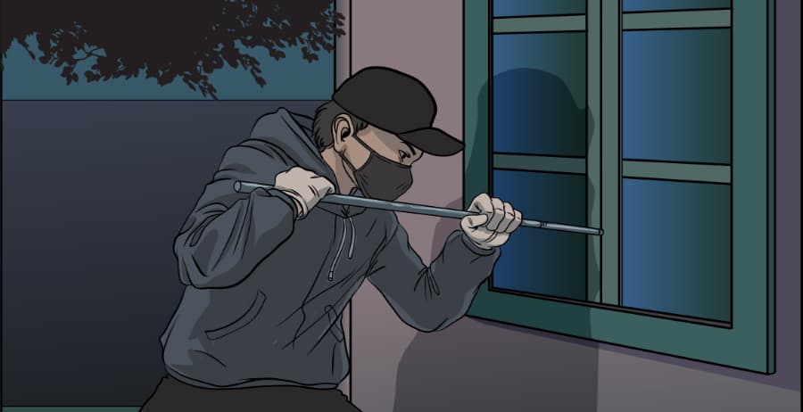 Illustration of burglar forcing entry through a window in Alpharetta