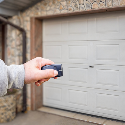 Alpharetta security key fob pointing to a garage door